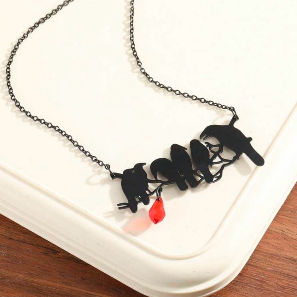 “Raven” Edgar Poe Perched Crows Birds Blood Droplet Macabre Gothic Grim Necklace - Picture 10 of 16